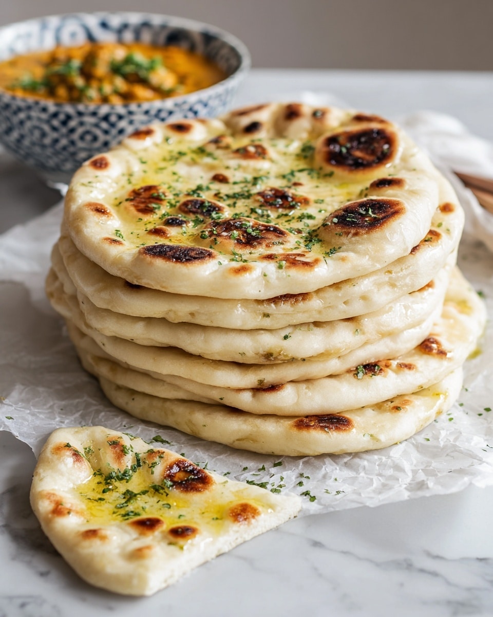 A stack of seven round flatbreads with a soft, thick texture and lightly browned spots is placed on white parchment paper on a white marbled surface. The top flatbread is brushed with melted butter, giving it a yellow shine, and sprinkled with small green herb leaves for garnish. A single flatbread piece is separated from the stack in the front, showing its soft inside with some melted butter and herbs. In the background, a white bowl with blue patterns holds a reddish curry with visible chickpeas and a touch of green garnish. photo taken with an iphone --ar 4:5 --v 7