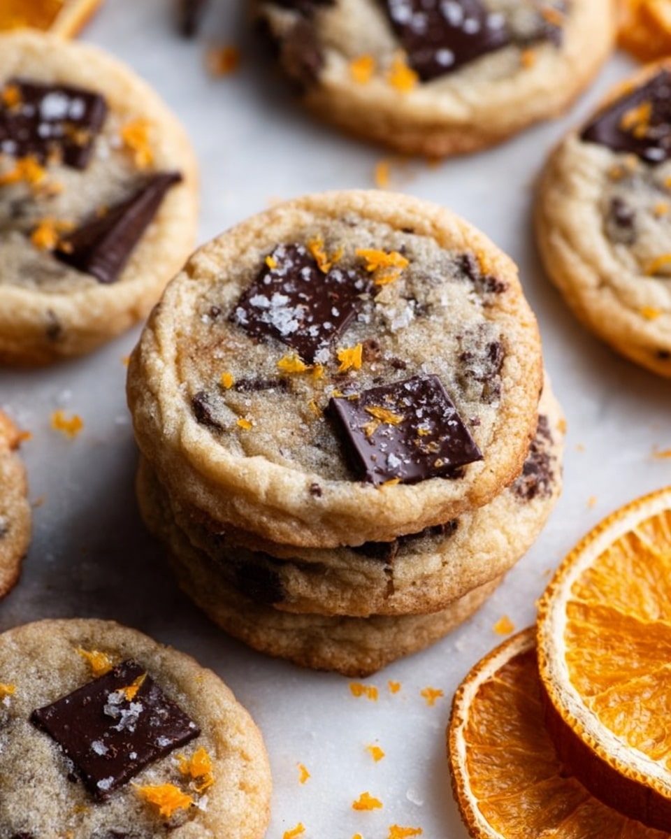 A close-up view of several round chocolate chip cookies with slightly golden-brown edges and soft, light beige centers full of dark chocolate chunks, some sprinkled with small orange zest pieces. Two cookies are stacked in the middle, while others are scattered around on a white marbled surface. To the right, there are two thin, circular slices of dried orange, showing their texture and details. The lighting highlights the soft and slightly crumbly texture of the cookies. Photo taken with an iphone --ar 4:5 --v 7
