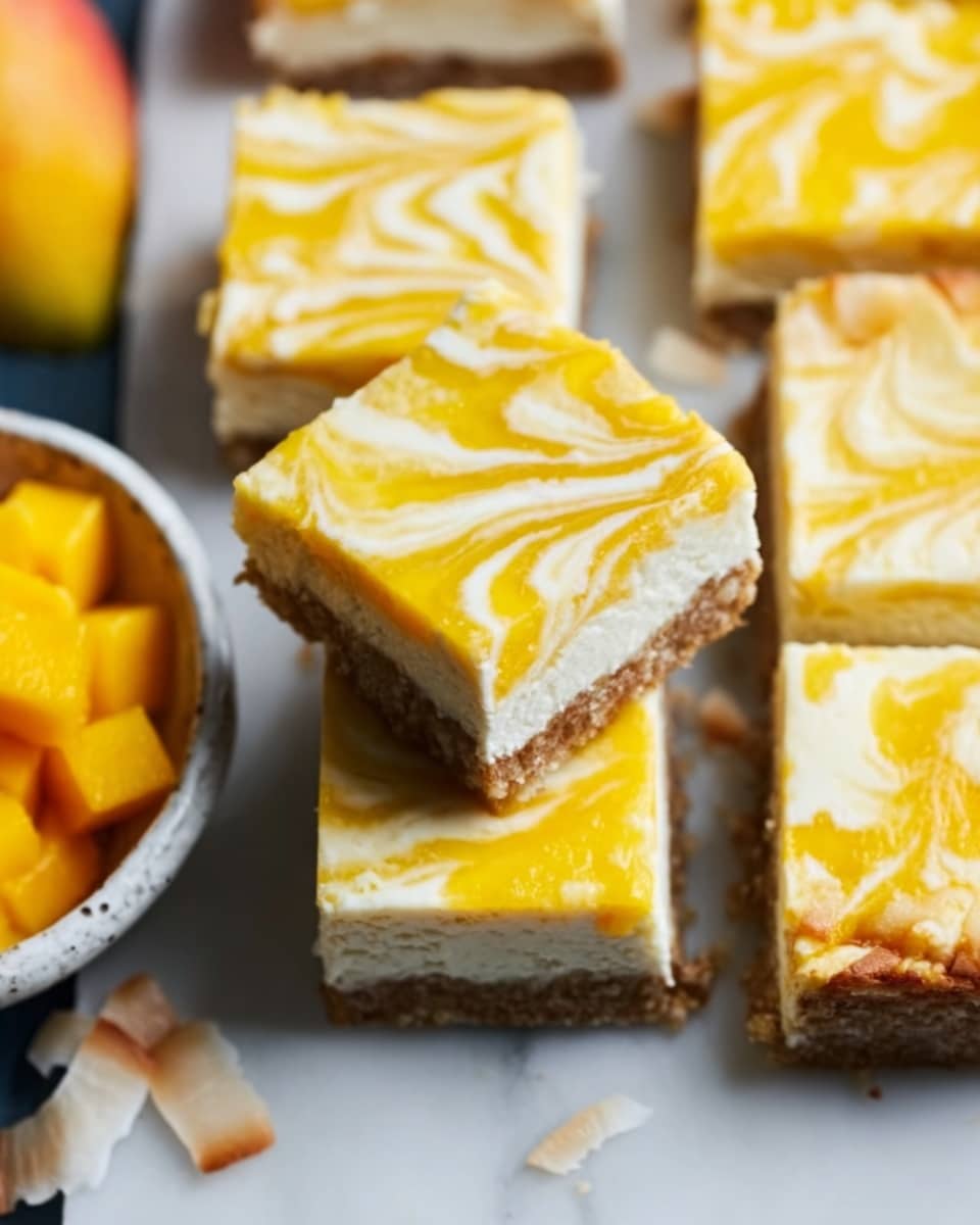 A close-up view of several square layered dessert bars on a white plate and white marbled surface. The dessert has three visible layers: a lower dark brown crumbly crust, a middle creamy white layer with a smooth texture, and a thick top layer with a bright yellow marbled swirl pattern. Small bits of coconut are scattered on the surface around the bars, and a woman's hand is gently holding one piece. A blurred glass with a bright yellow drink is partly visible on the side. Photo taken with an iphone --ar 4:5 --v 7