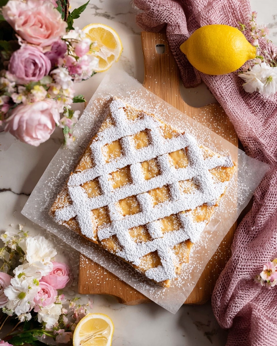 A square pastry with a golden brown crust forms the base layer, topped with a neat crisscross lattice pattern dusted heavily with white powdered sugar, making diamond shapes. The pastry rests on white parchment paper that is dusted with powdered sugar, set on a wooden board with a white marbled texture background. Around the pastry are a halved lemon and a full lemon, a pink textured cloth, some sprigs of lavender, and fresh flowers in soft pink, cream, and white hues arranged nearby, creating a warm and inviting scene. photo taken with an iphone --ar 4:5 --v 7
