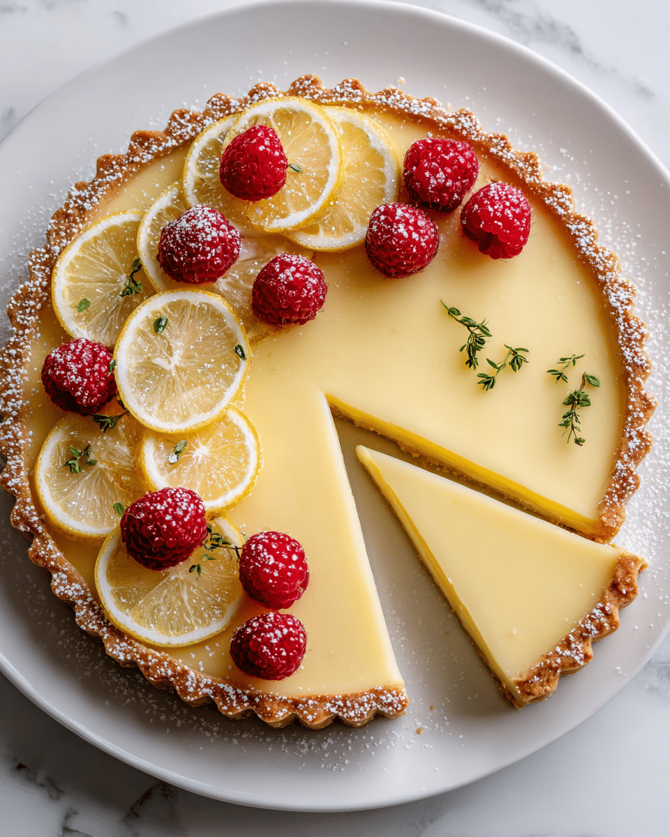 A lemon tart is shown with a single slice cut out, sitting on a white plate on a white marbled surface. The tart has one smooth, glossy pale yellow filling layer spread evenly over a golden-brown crust. On top, there are alternating lemon slices and fresh raspberries placed around the edge as decoration, with some small green herb sprigs scattered lightly for contrast. The crust edge has a light dusting of powdered sugar. Photo taken with an iphone --ar 4:5 --v 7