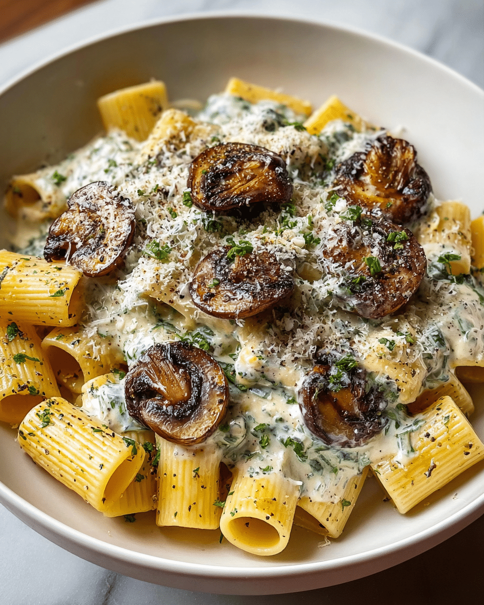 The dish shows a white bowl filled with short tube pasta in pale yellow color. The pasta is covered with a creamy white sauce with green herb specks, creating a thick layer that clings to the noodles. On top, there are several pieces of cooked brown mushrooms, some with a slightly crispy edge, spread evenly across the pasta. The dish is sprinkled with small green leaves and a little grated white cheese, adding texture and contrast. A few black pepper specks are visible across the whole plate. The bowl sits on a white marbled surface. Photo taken with an iphone --ar 4:5 --v 7