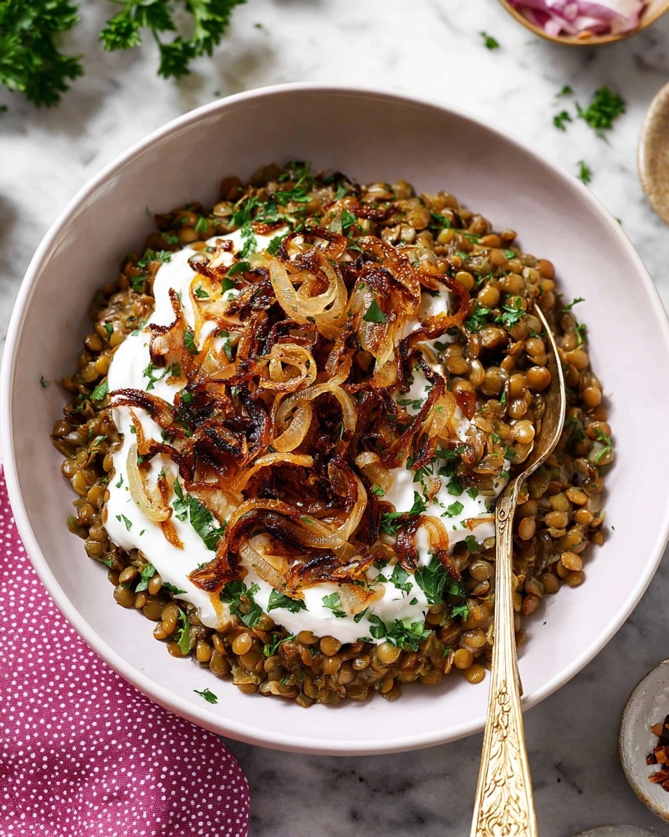 The image shows a white bowl filled with a base layer of brown cooked lentils and grains mixed together, topped by a thick white creamy sauce in the center. On top of the white sauce, there is a generous layer of caramelized golden-brown onions scattered with small green parsley pieces. A gold spoon rests inside the bowl, partially under the toppings, with its handle facing towards the bottom right corner of the image. The bowl is placed on a white marbled surface with scattered parsley bits around. Nearby, there are whole red onions and a small wooden bowl with chopped parsley, along with a pink cloth with white dots on the bottom edge. Photo taken with an iphone --ar 4:5 --v 7