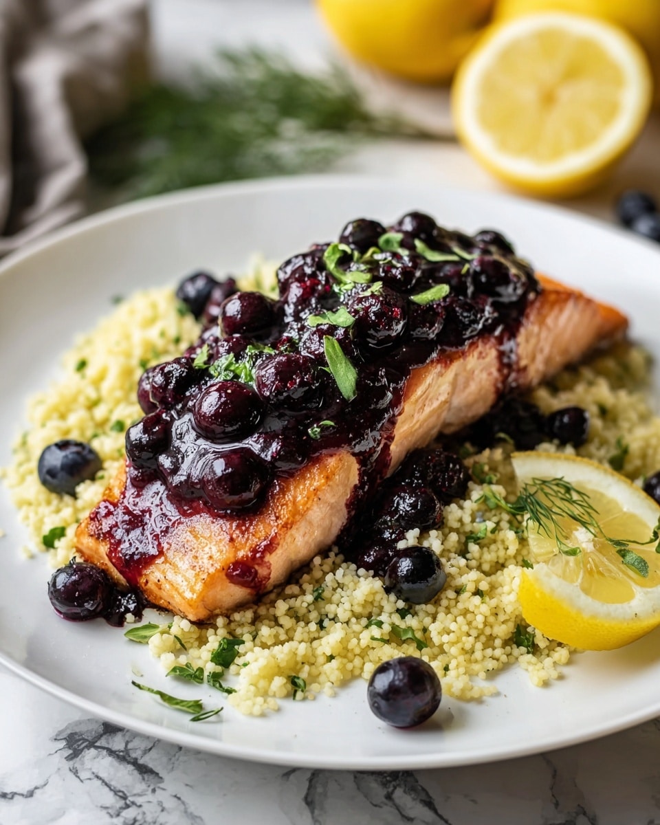A white plate shows a piece of cooked salmon, placed horizontally at the center. The salmon is topped with a thick, dark purple blueberry sauce that has whole blueberries and small green herb leaves on it. Beneath the salmon, there is a bed of light yellow couscous mixed with small green herb pieces, spread out evenly on the plate. Around the couscous, there are some scattered blueberries and green herb sprigs for decoration. On the right side of the plate, there is a quarter slice of lemon with a green herb sprig resting on it. The plate is set on a white marbled surface, with blurred lemon halves and herbs in the background. photo taken with an iphone --ar 4:5 --v 7