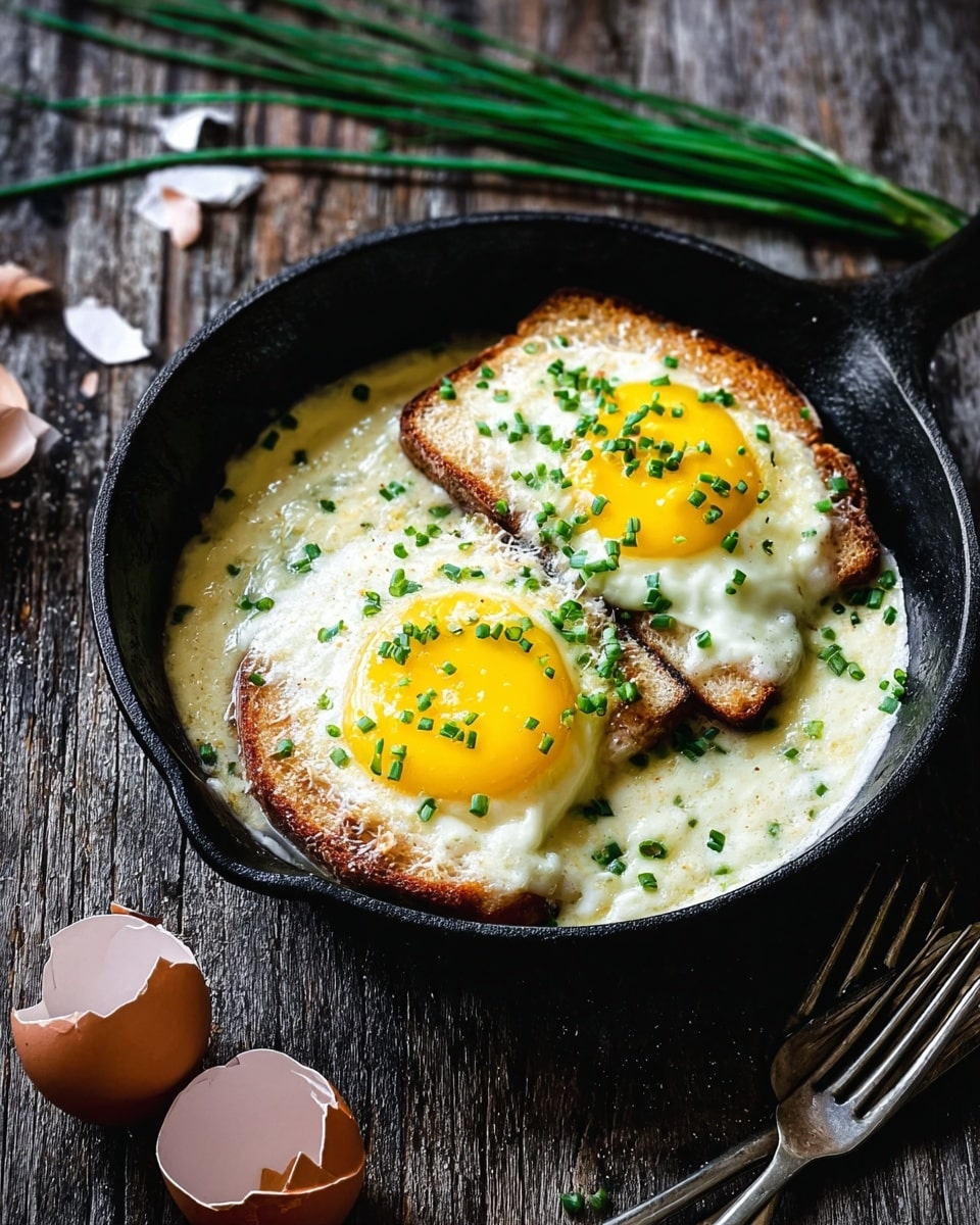In a black cast iron pan, two slices of browned toast sit side by side, each topped with two sunny yellow egg yolks and cooked whites that slightly overflow the bread edges. The pan is filled with bubbling melted cheese, creamy and pale off-white, surrounding the toast almost like a thick sauce. Finely chopped green chives are scattered evenly on top of the eggs and cheese, adding bright green dots to the dish. The pan is placed on a dark wooden surface with broken egg shells and fork in the background, enhancing the rustic look. photo taken with an iphone --ar 4:5 --v 7