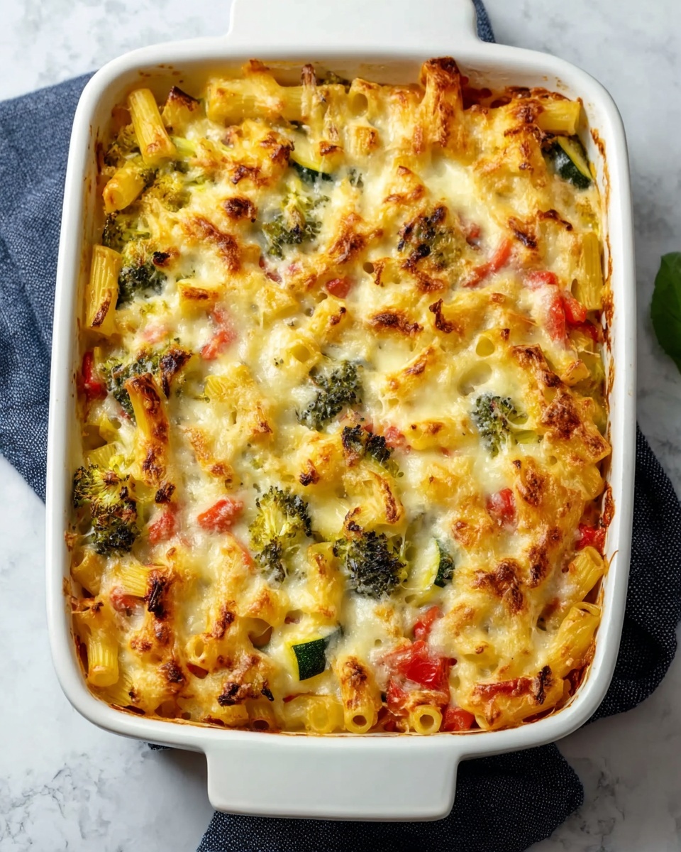 A white baking dish filled with baked pasta showing three main layers: the bottom layer is yellow cooked pasta tubes, the middle layer has scattered green broccoli florets and red bell pepper pieces, and the top layer is golden melted cheese with browned spots and some grated cheese sprinkled over. The edges of the cheese are slightly crispy and browned. The dish is placed on a white marbled surface with a dark gray cloth underneath. There is a small green basil leaf in the top right corner. Photo taken with an iphone --ar 4:5 --v 7