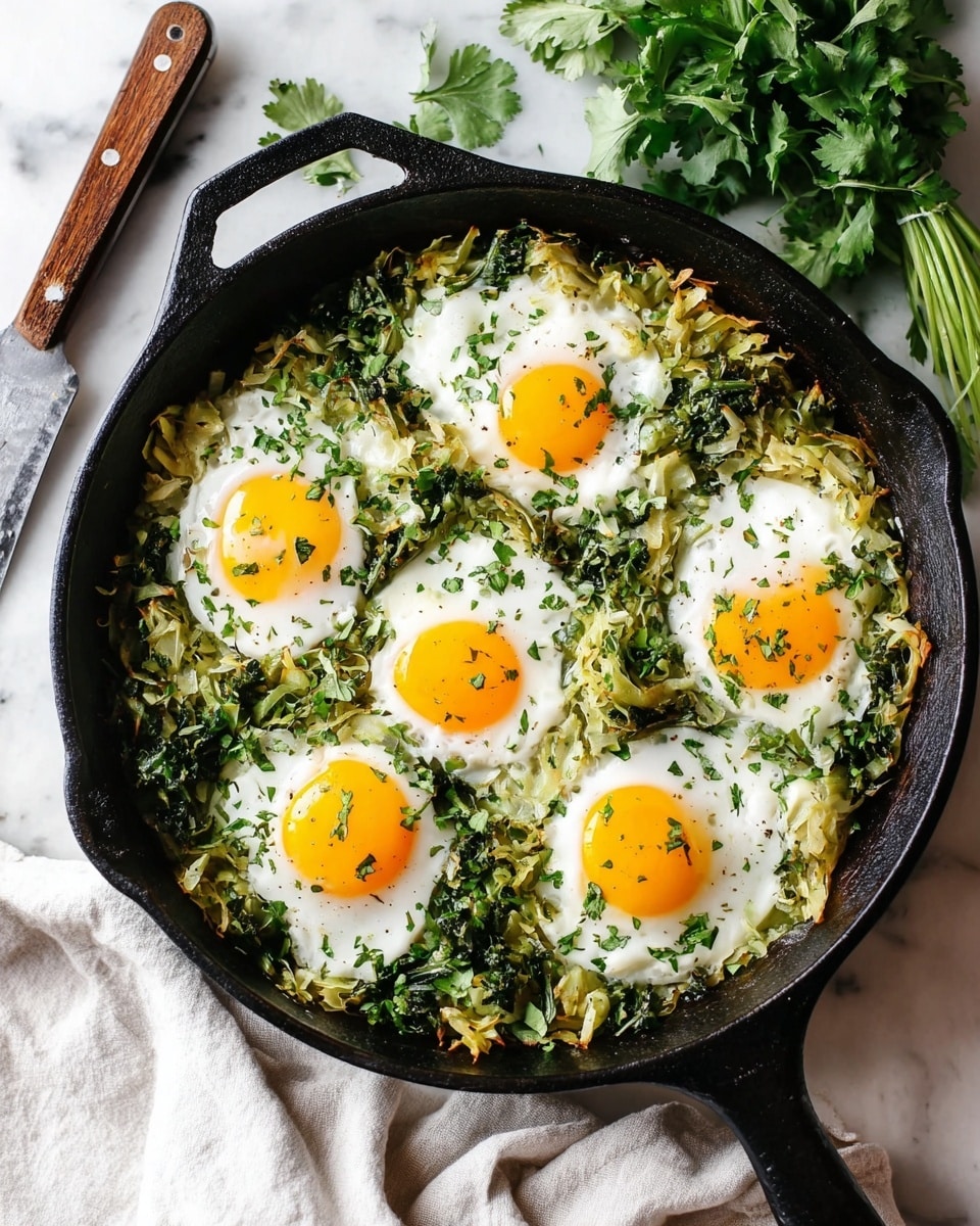 A black cast iron skillet filled with a cooked bed of green leafy vegetables and shredded cabbage, topped with five sunny-side-up eggs evenly spaced across the pan. Each egg has bright yellow yolks that are glossy and smooth, surrounded by tender white egg whites with slightly fluttered edges. The vegetable layer underneath is a mix of dark and light green shades with soft, sautéed texture. Small specks of fresh chopped herbs and black pepper are sprinkled over the eggs and vegetables. The skillet sits on a white marbled surface near a large kitchen knife with a black handle and a bunch of fresh herbs in the top left corner. photo taken with an iphone --ar 4:5 --v 7