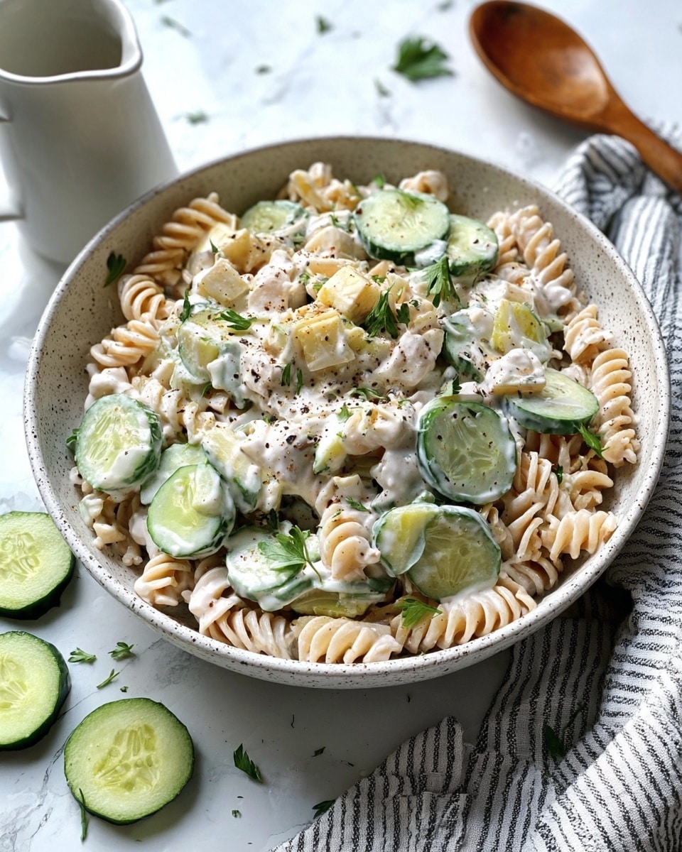 A white speckled bowl filled with a creamy pasta salad showing three layers: the first layer is light beige spiral pasta with a soft, smooth texture; the second layer consists of green cucumber slices in half-circles and quarters, with a fresh, juicy feel; the third layer has white creamy dressing mixed throughout, topped with scattered bits of dark green chopped herbs and small red vegetable pieces, creating a fresh look. The salad is sprinkled with coarse black pepper and the bowl rests on a white marbled surface with cucumber slices and a wooden spoon nearby. Photo taken with an iphone --ar 4:5 --v 7