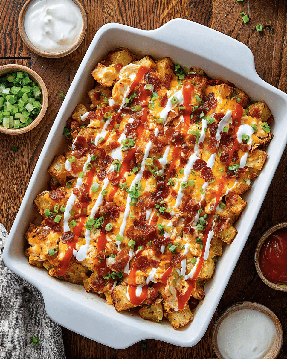 A white rectangular baking dish filled with a layered casserole. The bottom layer consists of golden-brown roasted potato cubes mixed with pieces of cooked chicken. On top, there is a layer of melted orange and white cheese, scattered crispy bacon bits, and finely chopped green onions. The dish is drizzled with thin lines of white sour cream and a bright orange-red hot sauce in a diagonal pattern. The baking dish is placed on a wooden surface with small bowls of chopped green onions, sour cream, and hot sauce nearby. photo taken with an iphone --ar 4:5 --v 7