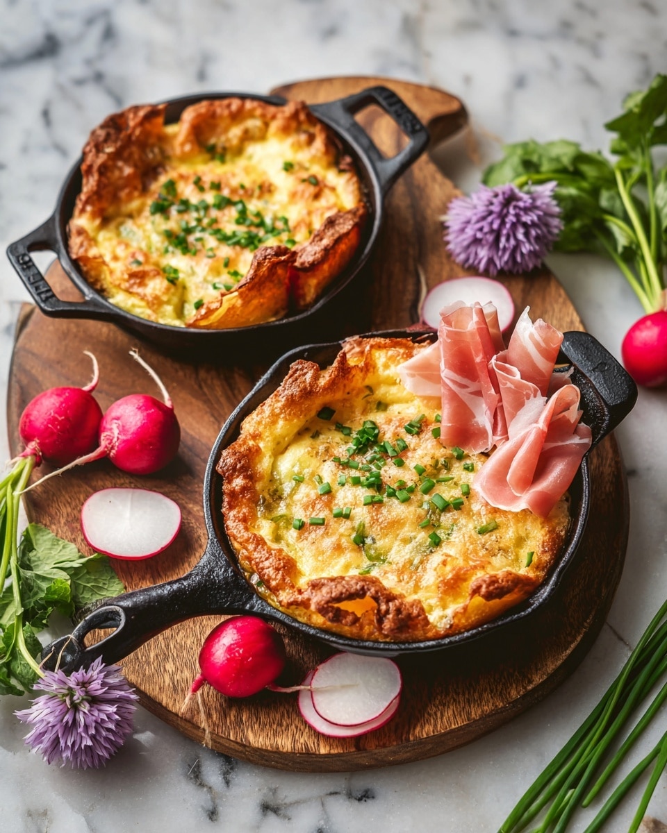 Two small black cast iron skillets sit on a round wooden board atop a white marbled surface, each filled with a fluffy, golden-brown baked dish with puffed edges that look crispy. The dish has a cheesy, lightly browned layer on top, scattered with small green chives. One side of each dish is decorated with thin, wavy slices of pink prosciutto, while the other side has thin round slices of red and white radishes and a few small green leaves. Around the board, there are radishes with leaves still attached and a few stems of purple chive flowers resting on the white marbled surface. Photo taken with an iphone --ar 4:5 --v 7