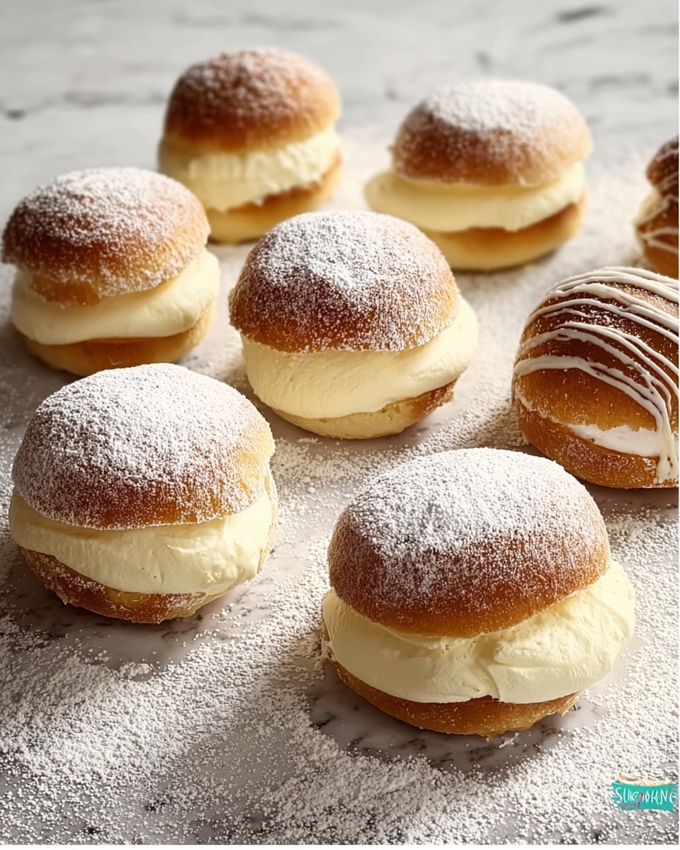 The image shows eight small round cream-filled buns placed on a white marbled surface dusted with white powdered sugar. Each bun has two layers: a light brown top layer with a soft, slightly rounded and dry texture dusted with powdered sugar, and a lower layer of thick, pale yellow cream that looks smooth and fluffy, fully filling the space between the top and bottom. Some buns have a visible golden brown base beneath the cream, with a soft bread texture. The buns are arranged scattered, with two on the right side partially coated with white and brown chocolate. Photo taken with an iphone --ar 4:5 --v 7