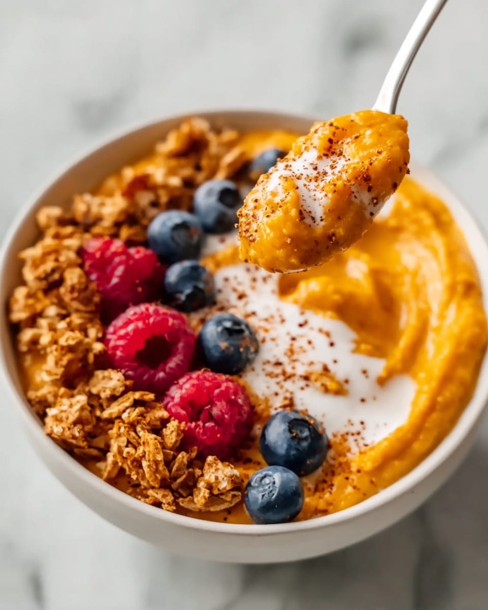 A close-up view of a white bowl filled with a creamy orange pumpkin puree layer, topped with a drizzle of white yogurt and sprinkled with brown spice powder. On one side of the bowl, there are clusters of light brown granola, bright red raspberries, and plump blue blueberries, some sitting on the pumpkin layer. Above the bowl, a white spoon is lifting a scoop of the orange pumpkin puree. The bowl is set on a white marbled surface. photo taken with an iphone --ar 4:5 --v 7