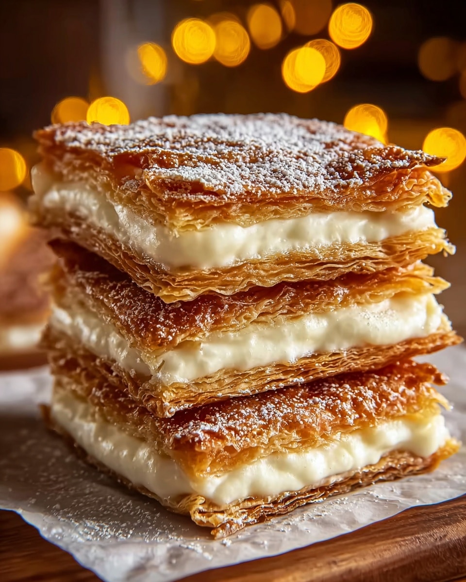 A stack of three rectangular pastry layers sits on a piece of white parchment paper on a wooden surface. Each layer is golden brown and crispy with a caramelized texture. Between the pastry layers, there is a thick layer of smooth white cream filling. The top pastry layer is dusted lightly with powdered sugar, adding a soft white contrast to the caramel color. The blurred background shows warm yellow lights, enhancing the cozy feeling of the image. Photo taken with an iphone --ar 4:5 --v 7