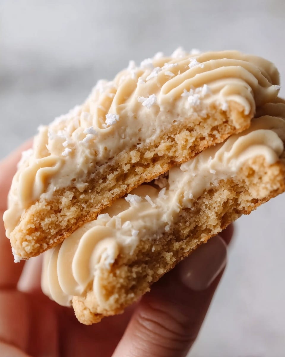 A close-up of a split cookie held by a woman's hand, showing two layers. The bottom layer is thick, soft, and light brown with a slightly crumbly texture. The top layer has a creamy, light beige frosting with soft, wavy grooves and is sprinkled with tiny white flakes. The background is a white marbled surface. photo taken with an iphone --ar 4:5 --v 7
