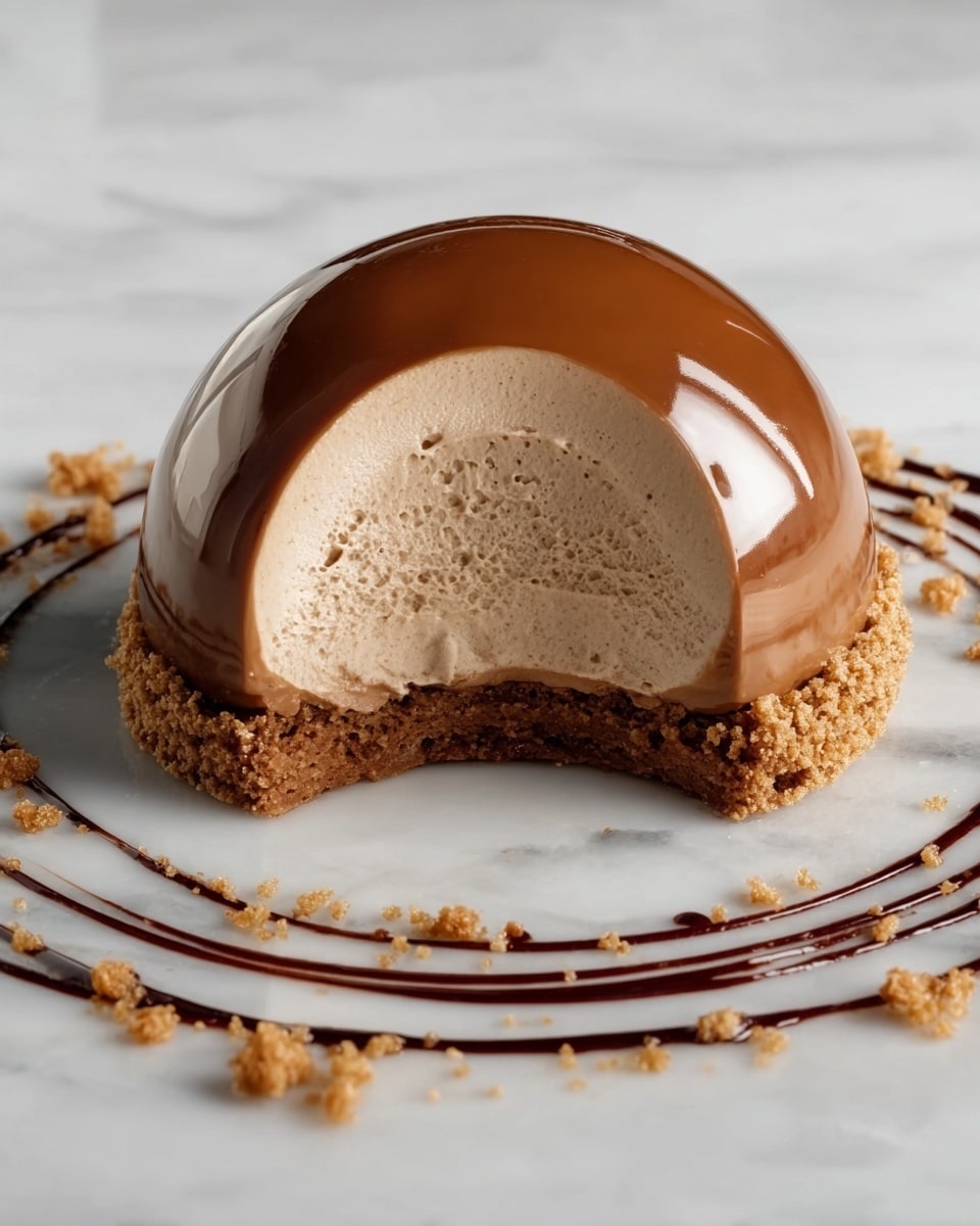 The image shows a dome-shaped dessert with three visible layers. The top layer is a smooth, shiny caramel brown glaze coating the dome. Inside, there is a thick, light brown mousse layer with a soft, airy texture. At the bottom, a thin, crunchy brown biscuit base supports the mousse. The dessert is placed on a white marble surface and surrounded by a circle of dark chocolate sauce with small golden brown crumble pieces scattered around the sauce and dessert. Photo taken with an iphone --ar 4:5 --v 7