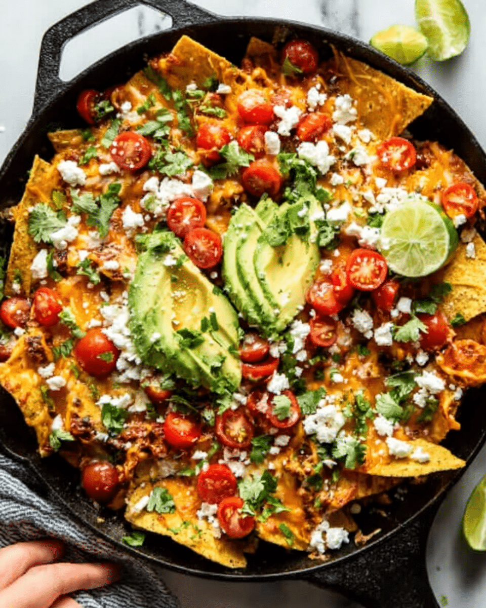 A round black pan filled with several layers of nachos: the bottom layer is crispy yellow corn chips, topped with melted orange cheese, scattered halved red cherry tomatoes, crumbled white cheese, and green chopped cilantro leaves. On top, slices of bright green avocado and wedges of light green lime are arranged. The pan sits on a white marbled surface with a woman's hand holding one corner of the pan. The image is bright and colorful with a fresh, vibrant look. Photo taken with an iphone --ar 4:5 --v 7