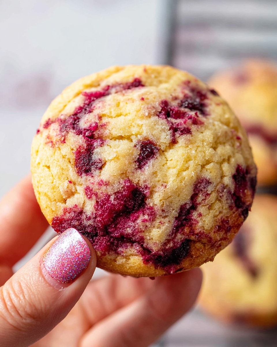 A close-up of a round soft muffin held by a woman's hand with sparkling pink nail polish, showing a golden-yellow base swirled with deep red and purple berry spots throughout the top and sides, with a soft crumbly texture. In the blurred white marbled background, another similar muffin is visible out of focus on a wire rack. photo taken with an iphone --ar 4:5 --v 7