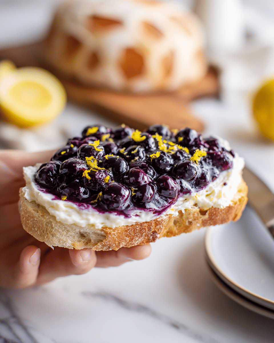 A woman's hand holds a slice of crusty artisan bread with three visible layers: the bottom golden-brown crisp crust, the middle soft fluffy white bread, and the top thick layer of creamy white cheese. On top of the cheese is a generous spread of glossy, dark purple blueberry compote with whole berries and a slight drizzle of honey. There are small bits of bright yellow lemon zest sprinkled over the berry layer. In the background, a rustic round loaf of bread sits on a wooden cutting board alongside a halved lemon, a knife with a black handle, and a white plate on a white marbled surface. photo taken with an iphone --ar 4:5 --v 7