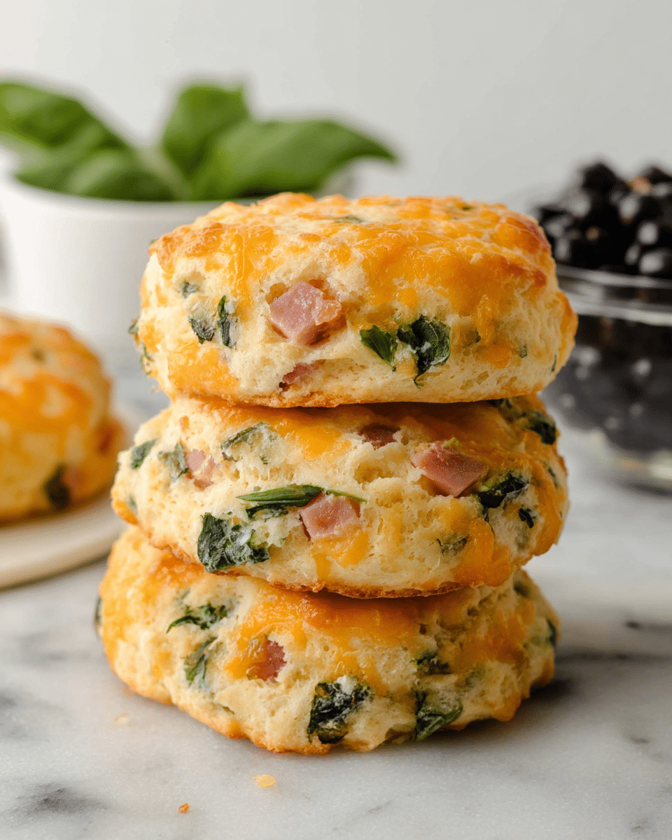 A stack of three thick, round biscuits sits on a white marbled surface. Each biscuit has a golden-brown crust with visible bits of orange cheese melted on top and throughout. Green leafy pieces and small chunks of pink ham are mixed inside the dough, giving a textured look. The biscuits appear soft but slightly crispy on the edges. In the blurred background, there is a white bowl with green leaves and a clear bowl filled with dark round berries. Photo taken with an iphone --ar 4:5 --v 7