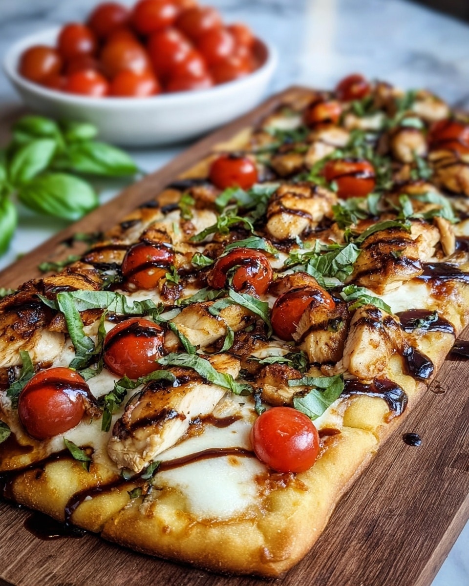 A flat rectangular pizza with a golden-brown thick crust is on a wooden board. The pizza has a first layer of melted white cheese, topped with grilled chicken pieces colored light brown with some charred bits. On top of the chicken, there are halved bright red cherry tomatoes and thin strips of fresh green basil leaves scattered all over. A shiny dark balsamic glaze is drizzled on the pizza, adding a glossy contrast to the toppings. In the background, a white bowl filled with whole cherry tomatoes sits on a white marbled surface. Photo taken with an iphone --ar 4:5 --v 7