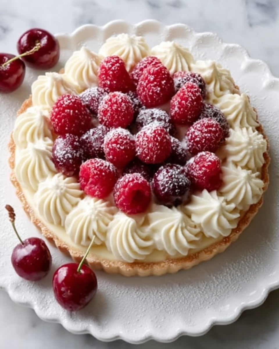 A single-layer tart with a light golden crust sits on a white scalloped plate placed on a white marbled surface. The tart is topped with a smooth layer of white cream piped in decorative swirls covering the entire top. On top of the cream layer, there are multiple bright red raspberries and a few cherries evenly spaced, some dusted lightly with powdered sugar, adding a soft white contrast. Two more cherries rest beside the plate on the surface. The overall look is fresh and inviting. Photo taken with an iphone --ar 4:5 --v 7