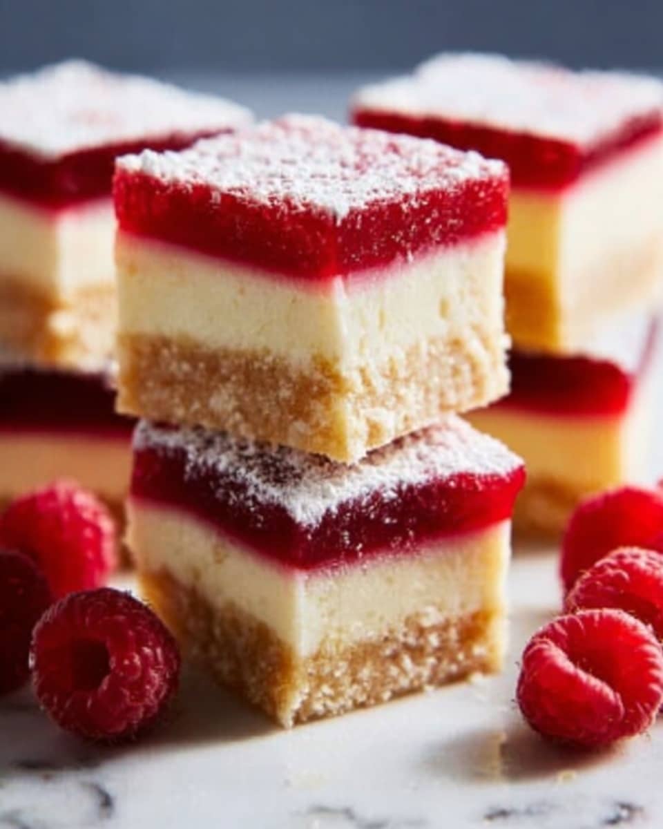 The image shows several small square dessert bars stacked and placed on a white marbled surface. Each bar has four distinct layers: a bottom crumbly golden crust, a thick creamy white middle layer, a bright red jelly-like layer above that, and a thin dusting of powdered sugar on top. The texture of the crust looks slightly rough and crumbly, the creamy layer smooth and dense, and the red layer glossy and slightly translucent. Fresh raspberries are placed around the bars, adding a pop of red color. The lighting highlights the layers clearly, making the colors stand out vividly. Photo taken with an iphone --ar 4:5 --v 7