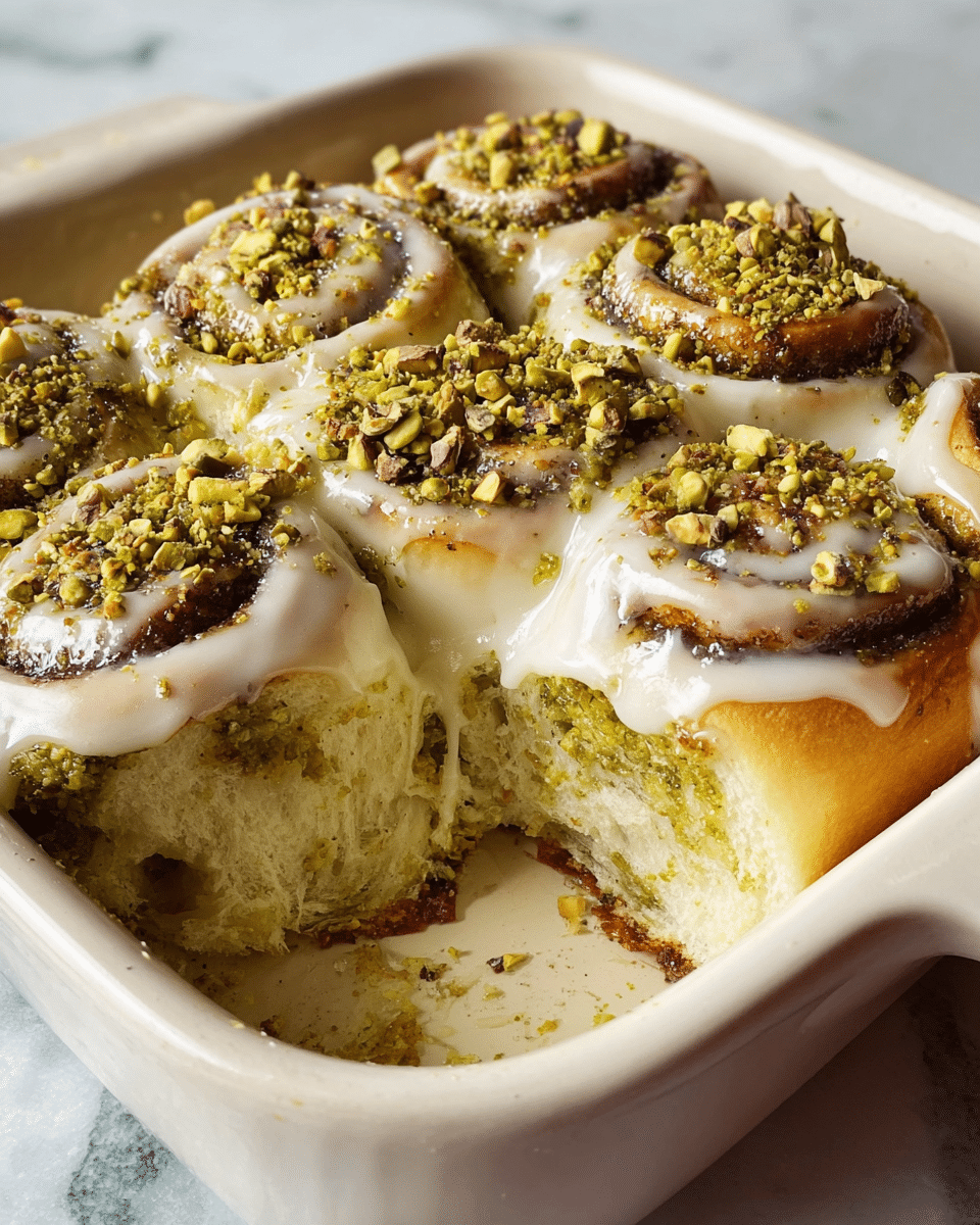 The image shows four thick, twisted rolls in a white baking dish with one roll partially pulled apart, revealing soft, fluffy, and light inside layers. Each roll is swirled with a green pistachio paste layer beneath a creamy, smooth white icing spread on top, which drips slightly over the sides. The rolls are topped with a generous sprinkle of chopped pistachio nuts, adding a rough texture and greenish-brown color contrast. The dish sits on a white marbled surface, and the close-up angle highlights the moist texture of the rolls and the glossy sheen of the icing and nuts. photo taken with an iphone --ar 4:5 --v 7