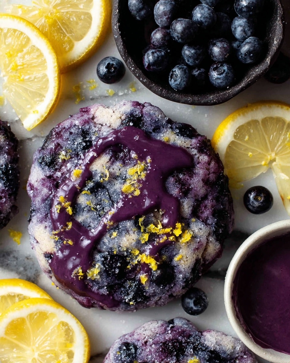 The image shows a single thick cookie with a rough texture, filled with dark blueberries visible throughout the purple dough. The cookie is topped with a shiny, deep purple glaze that drips unevenly across the surface and is sprinkled with small yellow lemon zest pieces and granulated sugar. Surrounding the cookie are fresh lemon slices with bright yellow flesh, a small white bowl filled with fresh dark blueberries, and a black bowl holding more of the purple glaze. The items rest on a white marbled textured surface. photo taken with an iphone --ar 4:5 --v 7
