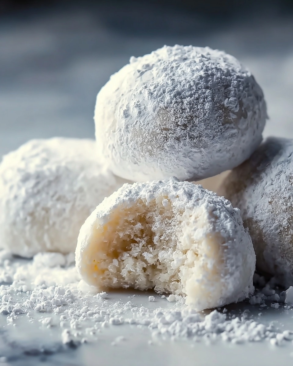 The image shows four round white cookies covered in a thick layer of powdered sugar, resting on a white marbled surface. The cookie in the front is bitten, revealing a soft and crumbly pale interior, while the other three whole cookies are blurred in the background. The powdered sugar is scattered around the cookies on the surface, adding a light dusting effect. The light is soft, highlighting the powder and texture of the cookies clearly. photo taken with an iphone --ar 4:5 --v 7