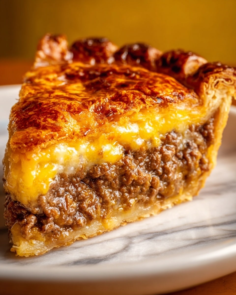 A close-up of a slice of meat pie shows three distinct layers: the bottom layer is a golden, flaky pie crust with a slightly shiny texture, the middle layer is a rich, cooked ground beef filling in dark brown with small chunks and moist texture, and the top layer is melted yellow cheese that looks gooey and slightly browned under a crispy, golden-brown pie crust with a crimped edge. The pie slice rests on a white plate, placed on a white marbled surface with a warm golden background. photo taken with an iphone --ar 4:5 --v 7