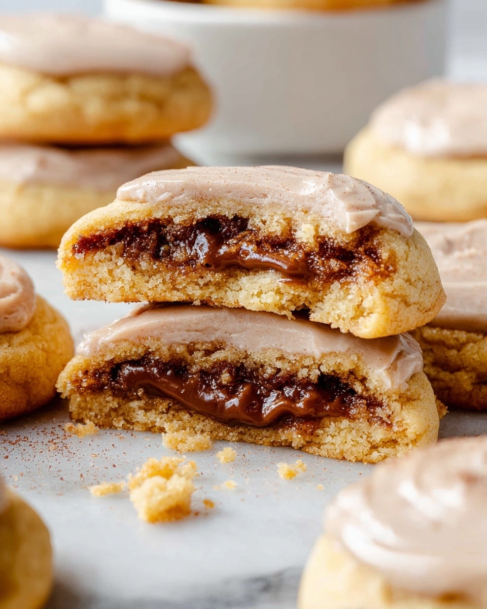 A close-up of a soft, round cookie with a smooth light brown frosting layer on top, split in half to reveal a thick, gooey dark brown filling inside, showing two distinct layers: the golden-baked cookie exterior and the rich filling. The cookie sits on a white marbled surface with small crumbs scattered around it, surrounded by several other whole frosted cookies blurred in the background. Photo taken with an iphone --ar 4:5 --v 7