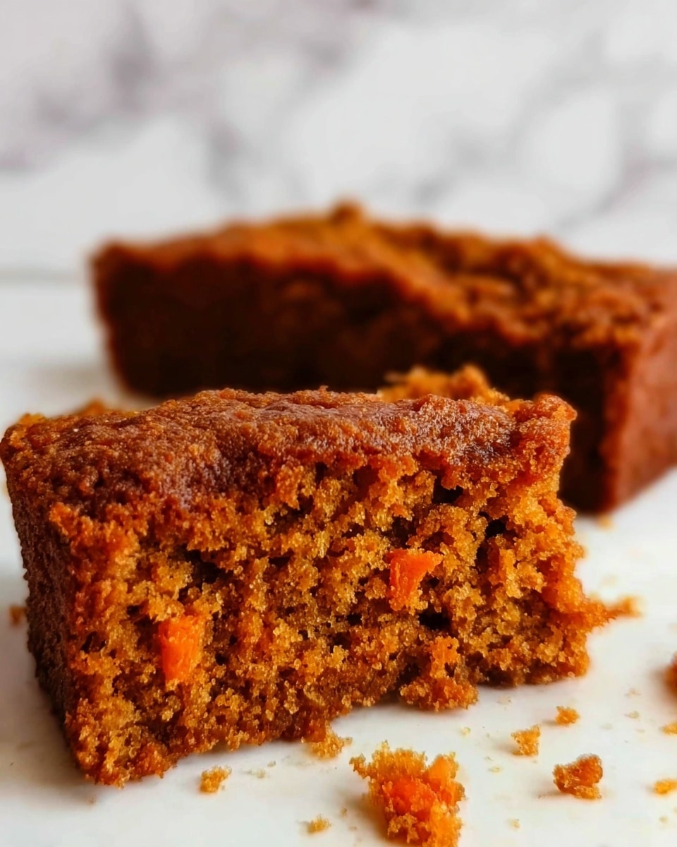 A close-up image of two pieces of carrot cake with a rough, crumbly texture, showing a rich brown outer crust and a moist, orange-brown inner layer filled with small orange flecks from the carrot. The pieces are placed on a white surface with a few crumbs scattered around them, and the background has a white marbled texture. Photo taken with an iphone --ar 4:5 --v 7