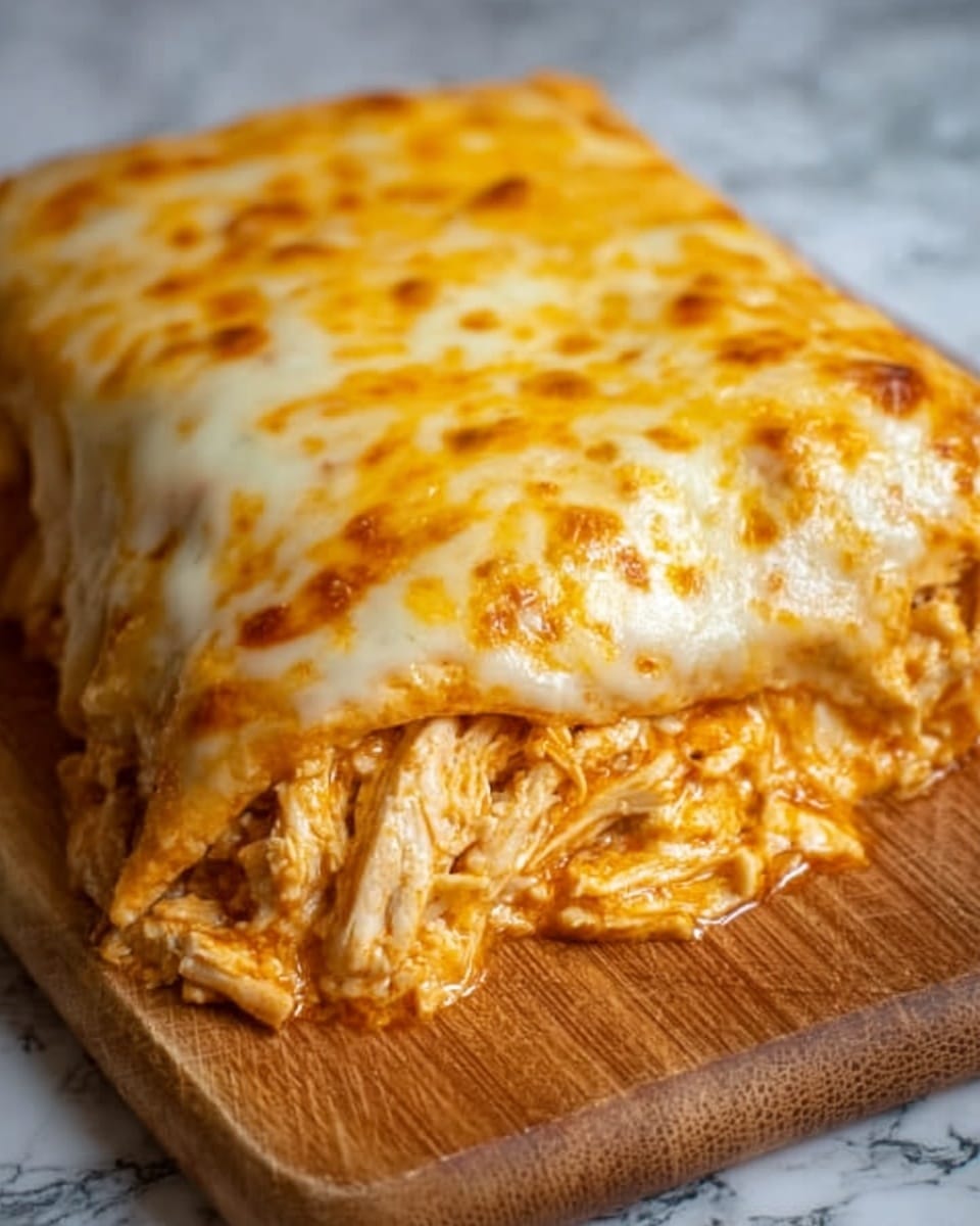 The image shows a close-up of a cheesy baked dish on a wooden board. The dish has two main layers: a thick base of soft, shredded chicken mixed with sauce, which is a warm orange color, and a thick top layer of melted, bubbly cheese that is golden brown and slightly browned in spots. The cheese covers the chicken completely, stretching slightly over the edges, giving the dish a rich and gooey appearance. The background is a white marbled texture, making the warm colors of the food stand out. Photo taken with an iphone --ar 4:5 --v 7