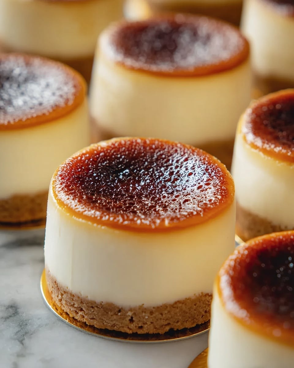 The image shows several small round cheesecakes with three visible layers; the bottom layer is a light brown crumbly crust, the middle layer is a smooth and creamy off-white cheesecake, and the top layer is slightly glossy and darker brown with a caramelized texture that looks fine and bubbly. Each cake sits on a round golden base, and they are placed on a white marbled texture. The shapes are uniform and the lighting highlights the soft, smooth texture of the cheesecake center and the slightly crispy top. photo taken with an iphone --ar 4:5 --v 7