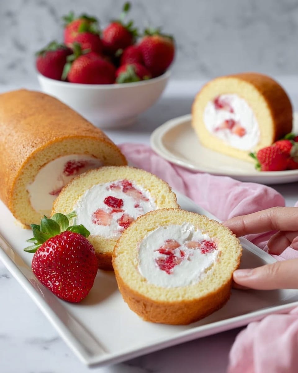 A white rectangular plate holds a golden brown Swiss roll cake sliced into three pieces, revealing three layers: the light brown outer sponge, a thick white cream filling, and small red strawberry pieces embedded in the cream. A bright red whole strawberry with green leaves sits on the plate next to the roll. Behind the plate, a white bowl filled with fresh strawberries adds a splash of vibrant red. To the right, a white plate holds an additional slice of the Swiss roll, sitting on a soft pink cloth with a woman’s hand gently touching the edge. The setting is on a white marbled surface. photo taken with an iphone --ar 4:5 --v 7