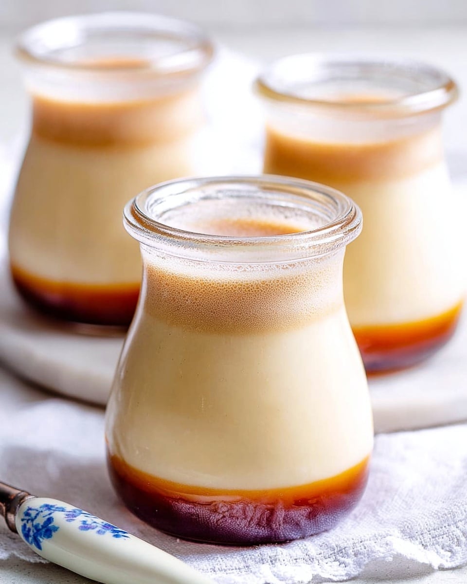This image shows three small glass jars filled with a smooth, creamy dessert that has two clear layers. The bottom layer is a dark amber color with a translucent look, while the top layer is a pale, creamy white with a soft, velvety texture. The jars have thick rims with a slightly frosted finish, and they are placed on a white marbled surface with soft lighting that highlights the dessert’s smoothness. A white cloth with subtle patterns and a spoon with a blue floral handle are partially visible near the front jar. photo taken with an iphone --ar 4:5 --v 7