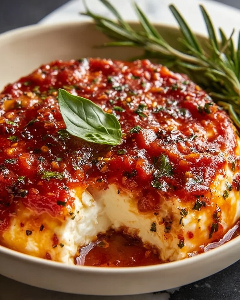 The image shows a close-up of a round cheese dish in a white bowl, topped with a thick red tomato sauce speckled with green herbs. The cheese layer underneath is creamy white and soft, slightly oozing at the edge where a piece has been cut out. The top sauce layer is glossy, with visible chunks of tomatoes and a sprinkle of dried herbs, giving a textured look. A fresh basil leaf sits on the sauce near the top edge of the bowl, adding a touch of vivid green color. The bowl rests on a white marbled surface, with some green rosemary sprigs beside it. Photo taken with an iphone --ar 4:5 --v 7