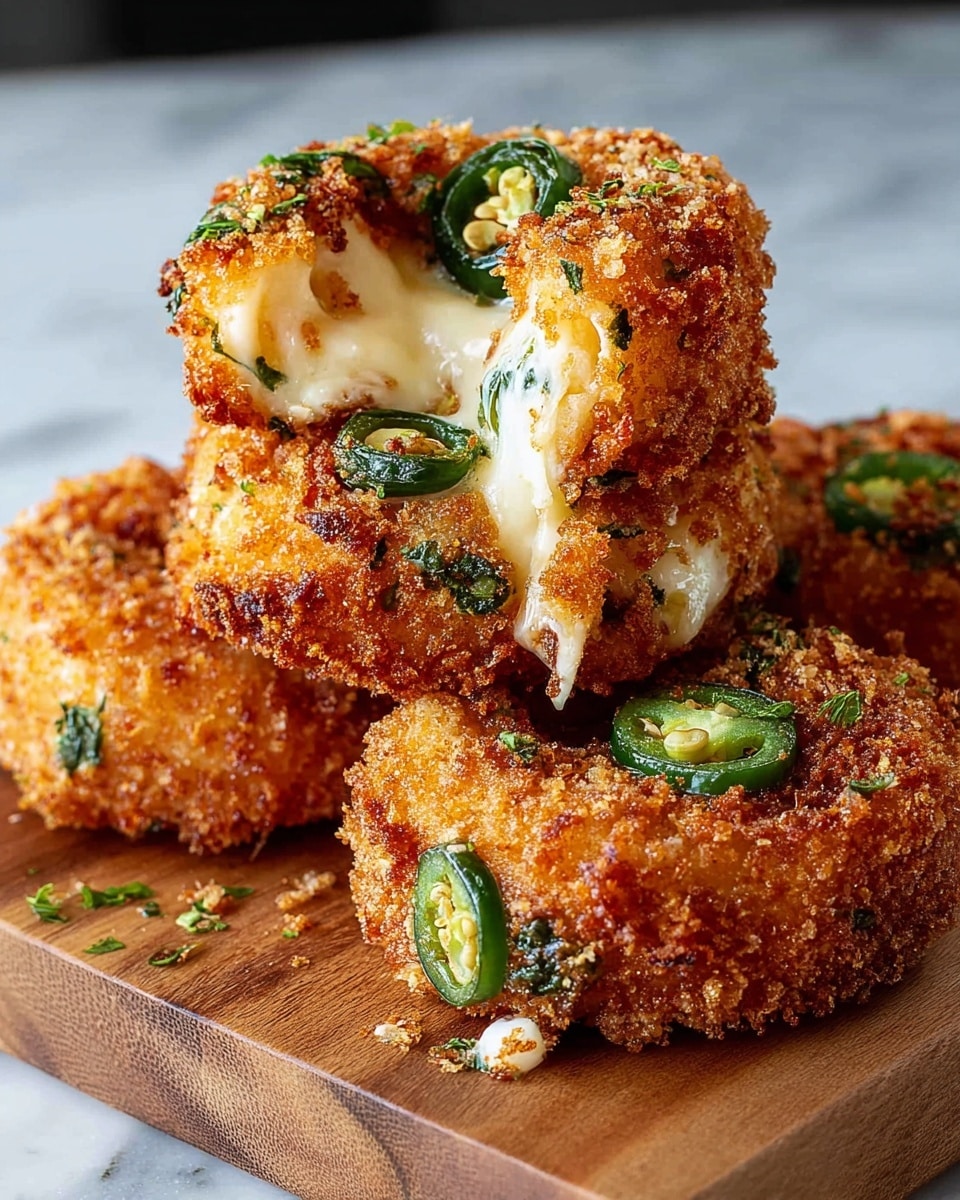 Three crispy, golden-brown fried rings are stacked on a wooden block, each coated with a crunchy breadcrumb layer and topped with green jalapeño slices and bits of fresh herbs. The top ring is broken in half, showing a creamy, melted white cheese filling with chunks of jalapeño inside, oozing out softly. The texture contrasts between the crunchy outside and the smooth, gooey inside are clear. The setting is on a white marbled surface. photo taken with an iphone --ar 4:5 --v 7