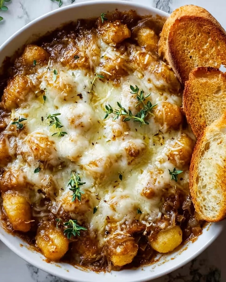 A close-up view of a white bowl filled with a baked dish showing two layers: the bottom layer is thick, brown caramelized onions mixed with small golden-brown browned gnocchi, topped with a generous layer of melted, slightly browned white cheese covering the center and parts of the gnocchi, garnished with fresh green thyme sprigs. On the right edge of the bowl, two toasted, golden-brown slices of bread lean against the dish. The bowl is set on a white marbled surface. Photo taken with an iphone --ar 4:5 --v 7