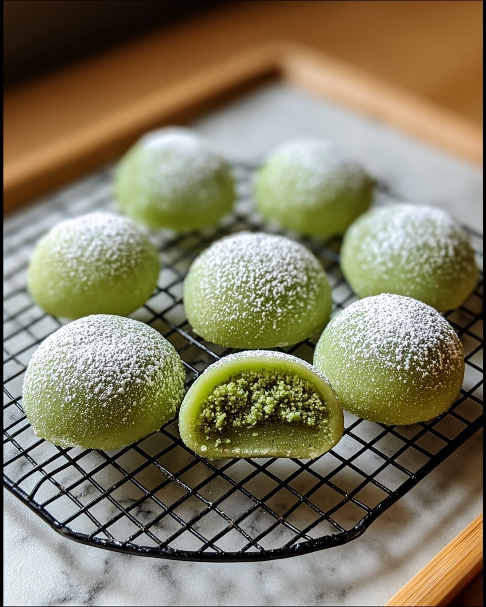 The image shows seven small green round mochi arranged on a black wire cooling rack. Each mochi is lightly dusted with white powdered sugar on top, creating a soft texture contrast. One mochi in the center is cut in half, revealing a crumbly green filling inside. The black wire rack sits on a white marbled surface with a wooden texture softly visible below the rack's edges. The lighting is warm and natural, highlighting the smooth and slightly shiny surface of the mochi. photo taken with an iphone --ar 4:5 --v 7