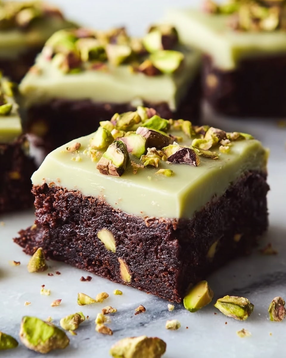 A close-up view of a chocolate brownie square with two distinct layers: the bottom layer is a rich, dark brown, dense and moist brownie with visible small pistachio pieces inside, and the top layer is a smooth, creamy, pale green frosting evenly spread and slightly glossy. On top of the frosting, there are scattered chunks of whole and halved pistachios mixed with small crushed nut bits, adding texture and a hint of green and brown. The brownie pieces are placed on a white marbled surface with some loose pistachio pieces around them, highlighting the contrast in colors and textures. photo taken with an iphone --ar 4:5 --v 7