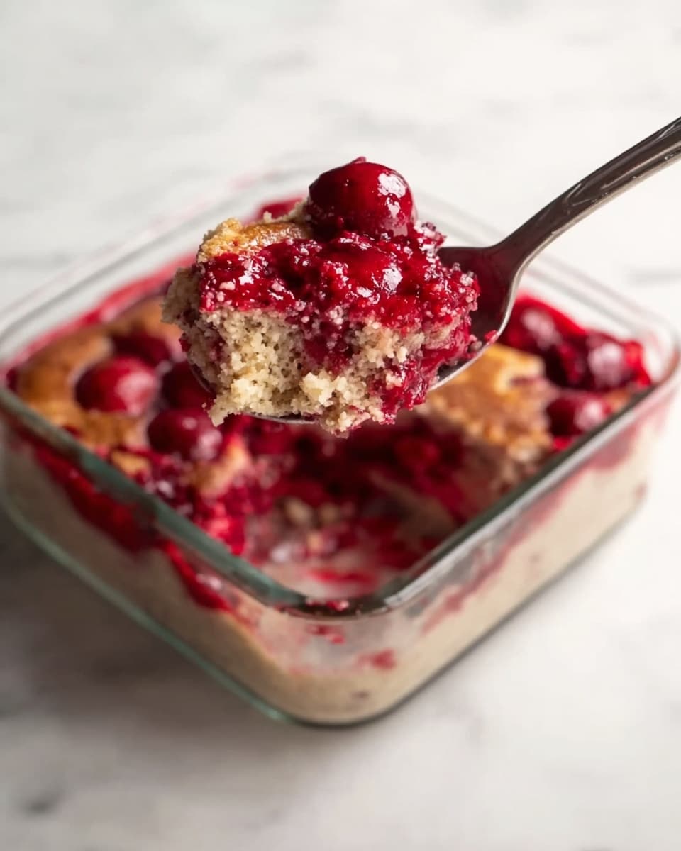 A close-up image of a square glass container filled with a two-layer dessert. The bottom layer is light beige and grainy in texture, while the top layer is a vibrant mix of chunky, bright red berries baked into a golden brown crust. A spoon is lifting a scoop of the dessert showcasing both layers, with the berry topping visibly thicker and textured with whole berries and baked edges. The container is placed on a white marbled surface. photo taken with an iphone --ar 4:5 --v 7