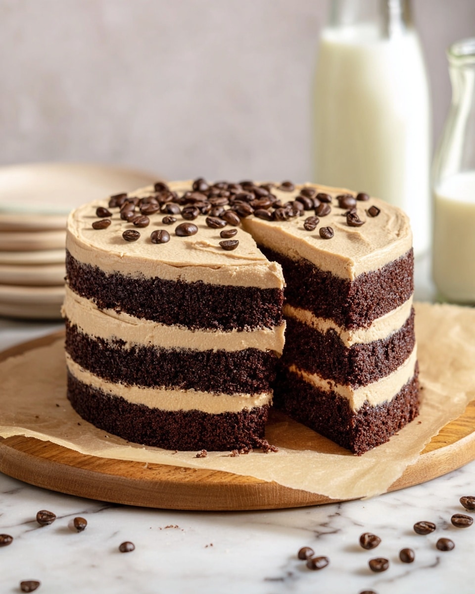 A three-layer dark chocolate cake is shown with creamy light brown frosting between each thick and moist layer. The same light brown frosting covers the outside smoothly, and whole dark brown coffee beans are scattered on top as decoration. The cake sits on brown parchment paper on a wooden board against a softly blurred background with a white marbled texture surface. Two glass bottles of milk are visible in the background. Photo taken with an iphone --ar 4:5 --v 7
