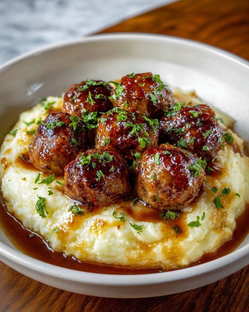 The dish shows a white bowl filled with a thick layer of creamy mashed potatoes as the base; the potatoes are light yellow with a smooth, slightly fluffy texture. On top, there are seven browned meatballs with a shiny, glazed surface that looks sticky and flavorful. Each meatball is sprinkled with small pieces of bright green chopped parsley. Around the meatballs and on the mashed potatoes, there is a rich brown gravy with a glossy finish, adding a moist look to the dish. The whole meal is served on a wooden table, but the background is changed to a white marbled texture. photo taken with an iphone --ar 4:5 --v 7