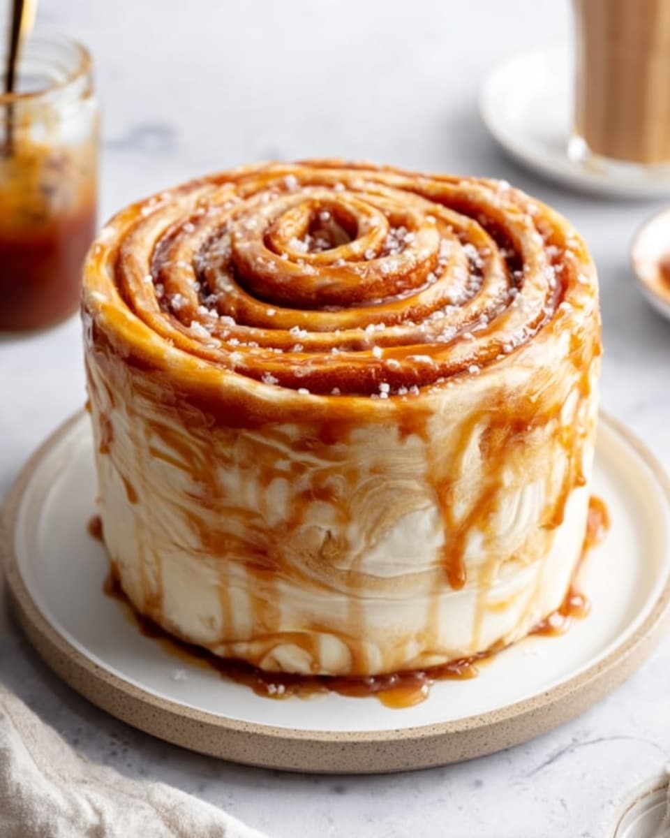 A tall cinnamon roll stands on a round white plate with a slight rim, placed over a white marbled surface. The roll has multiple visible layers spiraled tightly, each showing a soft, creamy white dough with swirls of caramel-colored cinnamon glaze that runs richly throughout. The top layer forms a rose-like swirl with shiny caramel glaze pooling a bit in the center, sparkling slightly with sugar crystals. In the background, a small glass jar with caramel sauce and a blurred iced drink can be seen. Photo taken with an iphone --ar 4:5 --v 7