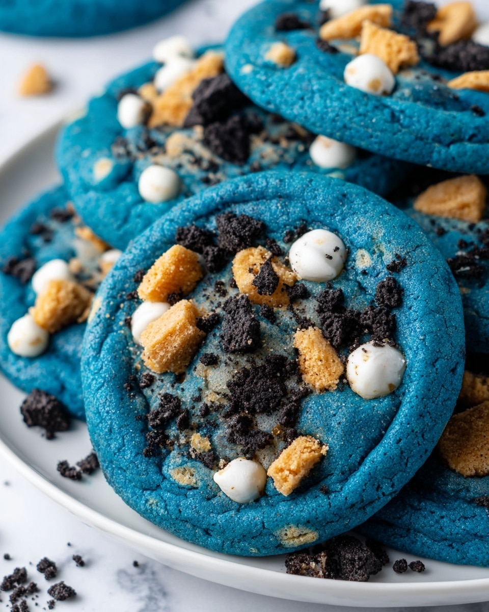 A close-up view of several vibrant blue cookies stacked on a white plate, each cookie featuring a rich blue base with a soft and slightly bumpy texture. Embedded on the top layer are small white chip pieces, light golden brown cookie chunks, and dark black crumbled cookie bits, arranged unevenly but attractively across the surface. The cookies are thick with a slightly airy look, and some cookie crumbs and chips are also scattered around the plate edges, resting on a white marbled texture surface. photo taken with an iphone --ar 4:5 --v 7
