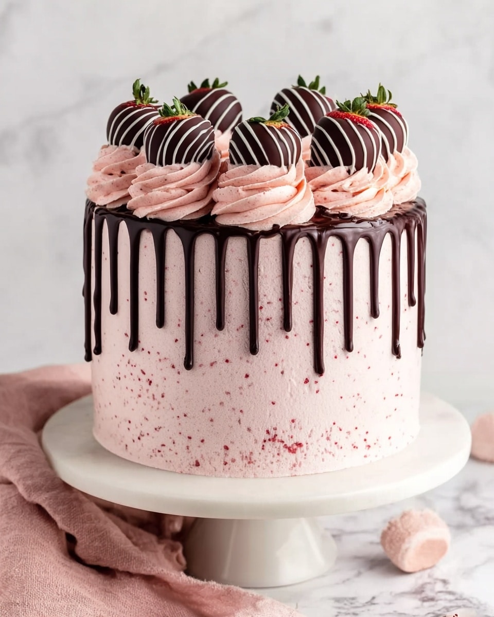 A tall, round cake with three visible layers of light pink frosting, smooth with small red specks throughout, is placed on a white cake stand. Dark chocolate drips down evenly from the top edge to mid-height on the cake's sides. On top, there are eight swirled swirls of the same pink frosting arranged in a circle, each topped with a glossy, dark chocolate-covered strawberry with white chocolate stripes. The background shows a white marbled surface with a pale pink cloth draped softly behind the cake. Photo taken with an iphone --ar 4:5 --v 7