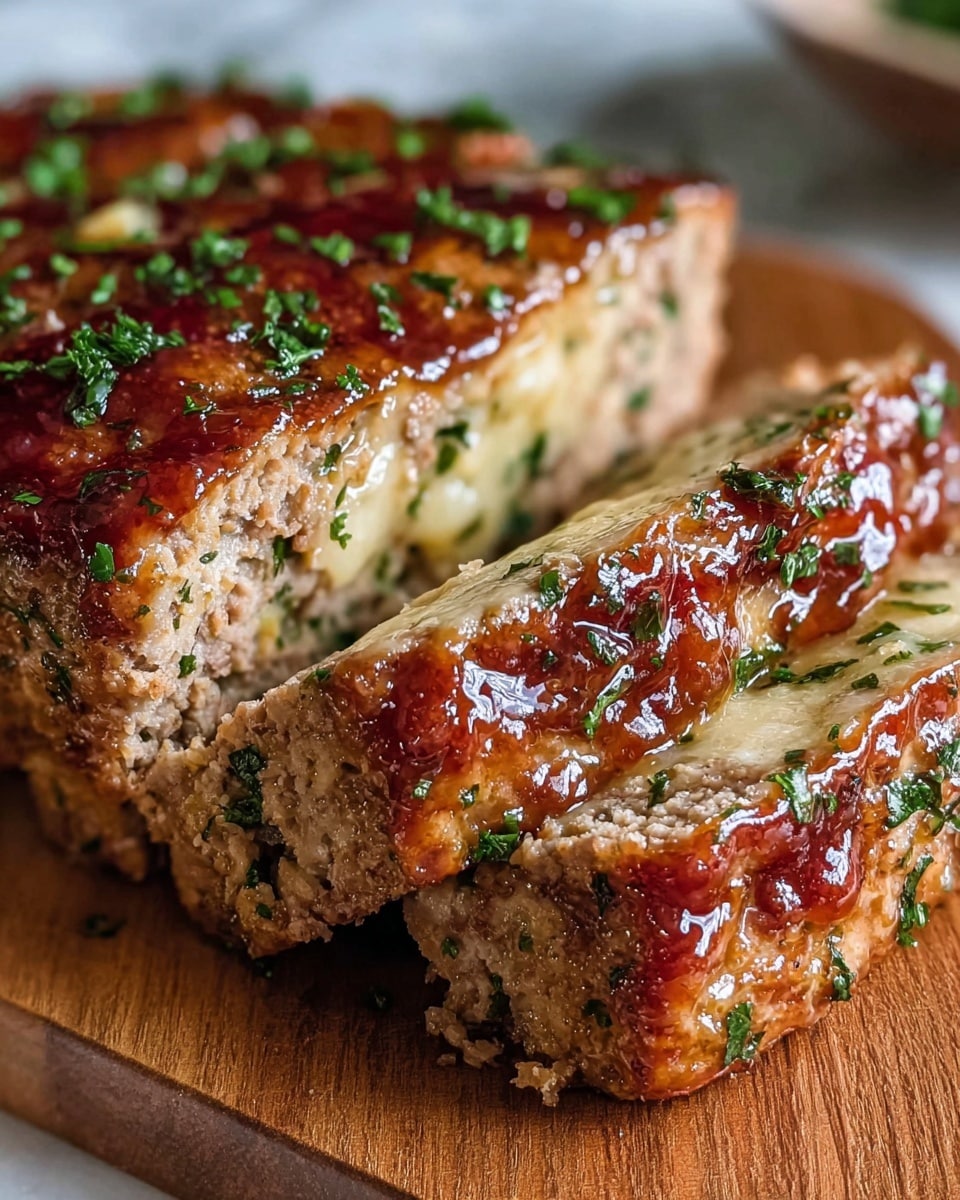 This close-up image shows a thick meatloaf cut into several pieces, revealing two layers inside with visible bits of fresh green herbs mixed throughout. The outside crust is golden-brown and crispy with a glossy glaze coating the top, which oozes slightly down the sides. Small chopped green herbs are sprinkled over the top layer, adding color contrast to the glazed surface. The meatloaf rests on a wooden board with a blurred white marbled background visible behind it. Photo taken with an iphone --ar 4:5 --v 7