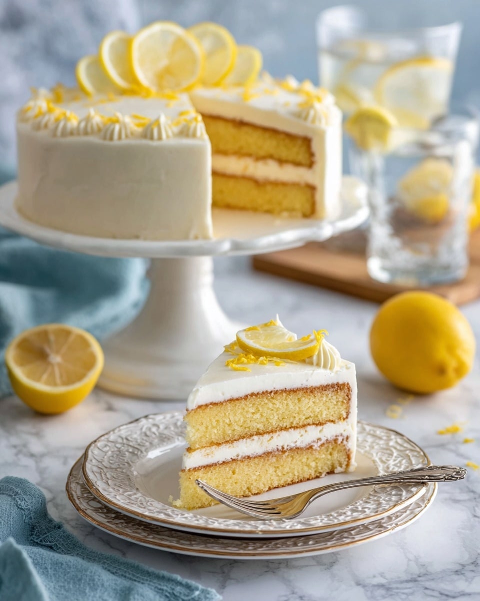 The image shows a slice of lemon cake on a stack of two white plates with intricate patterns, placed on a white marbled texture surface. The cake slice has three layers: a bottom layer of golden yellow sponge cake, a middle thin white cream layer, and a top layer of smooth white frosting with lemon zest and a small lemon slice as decoration. A silver fork lies in front of the cake slice on the plate. In the background, there is a white cake stand holding the rest of the cake with similar white frosting, decorated with lemon slices and lemon zest arranged in a sunburst pattern on top. A whole lemon, a cut lemon half, a glass of water with lemon slices, a wooden board, and a blue cloth are blurred softly in the background. photo taken with an iphone --ar 4:5 --v 7