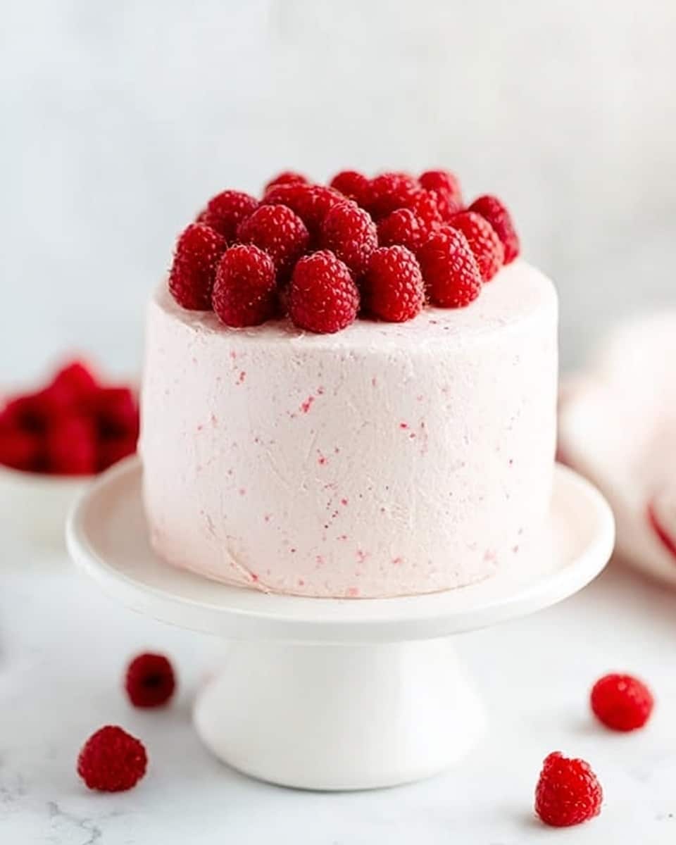A small, round cake covered with smooth, light pink frosting that has tiny red specks all over it. The cake has a single layer and is topped with fresh, bright red raspberries arranged in a half-circle on the top edge. It sits on a white cake stand against a white marbled surface background with some raspberries scattered around. Photo taken with an iphone --ar 4:5 --v 7